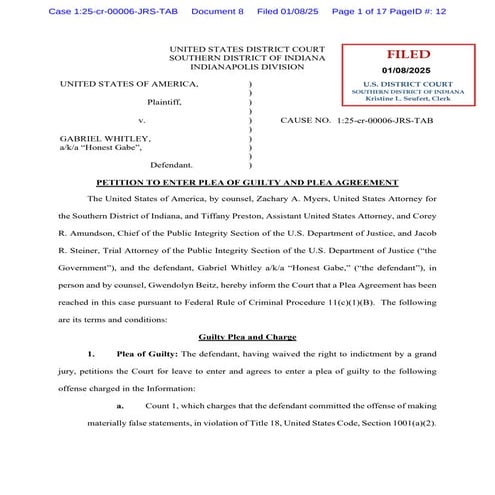 Gabe Whitley's Guilty Plea for Filing False Federal Campaign Finance Reports