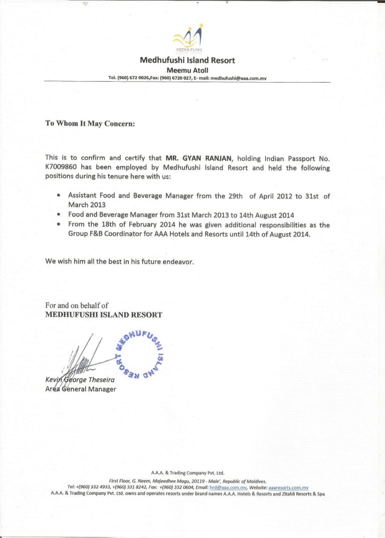 medhufushi island resort experience certificate letter of intent for work