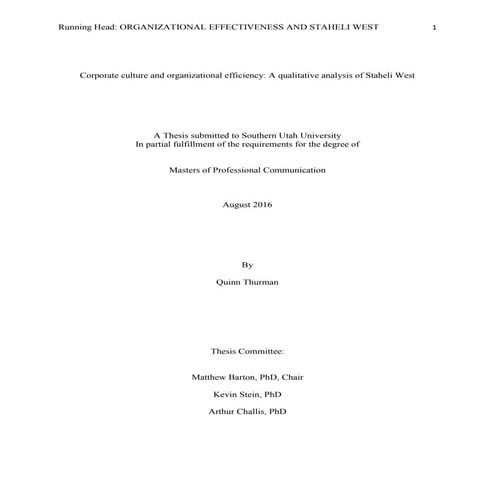 Organizational Effectiveness and Staheli West