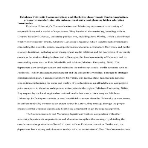 Edinboro University Communications and Marketing department intern paper
