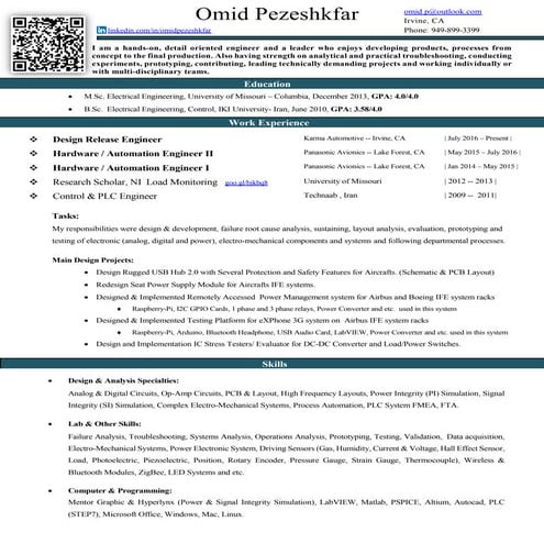 Omid Pezeshkfar Resume 2016