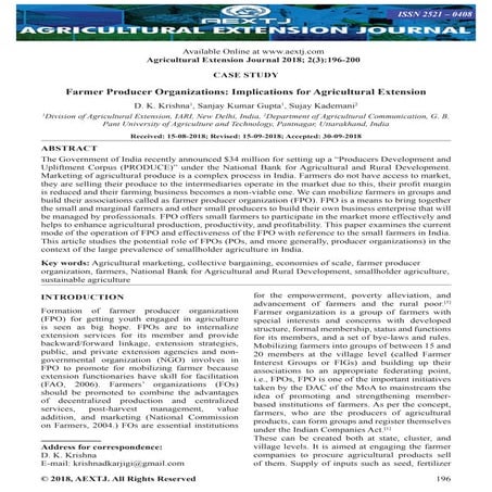 Farmer Producer Organizations: Implications for Agricultural Extension