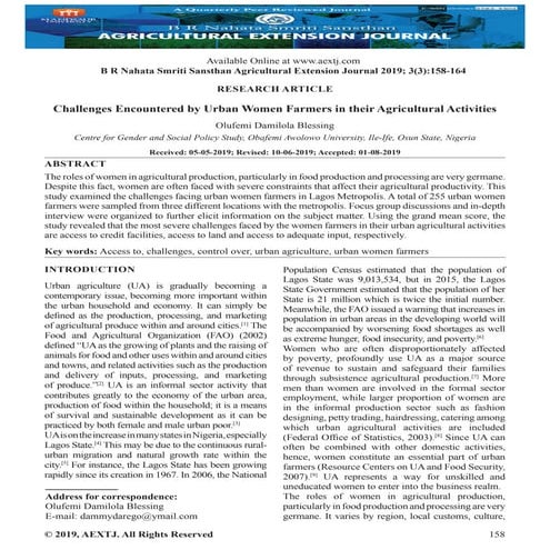 Challenges Encountered by Urban Women Farmers in their Agricultural Activities