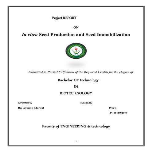 report on in vitro seed production and seed immobilization
