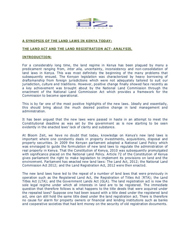 Synopsis of the Land Laws in Kenya