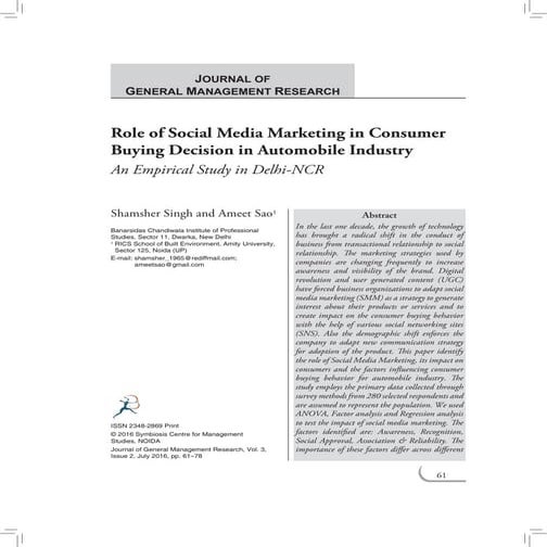 Role of Social Media Marketing in Consumer Buying Decision in Automobile Industry: An Empirical Study in Delhi-NCR