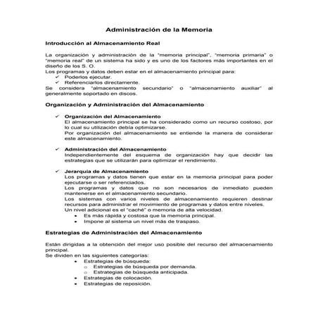 Administración de la Memoria, organización y administración del almacenamient...