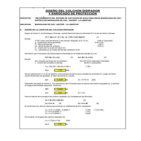 Diseño colchon disipador, enrocados y zampeado