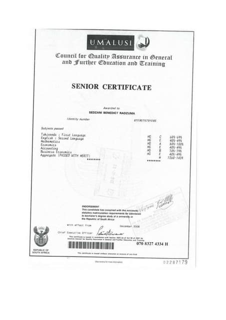 certificate buy to original matric how S.B CV Radzuma Original