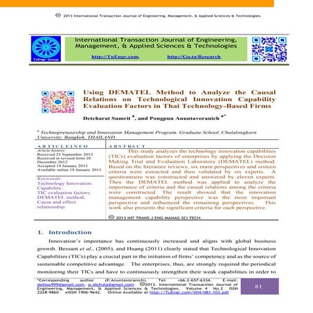 Using DEMATEL Method to Analyze the Causal Relations on Technological Innovat...