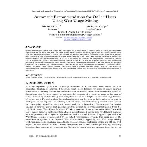 Automatic Recommendation for Online Users Using Web Usage Mining | PDF