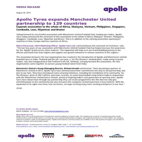 Apollo Tyres expands Manchester United partnership to 129 countries - Press R...
