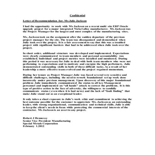 Recommendation for Julie Jackson