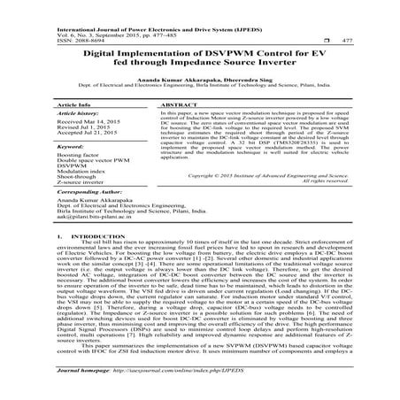 Digital Implementation of DSVPWM Control for EV fed through Impedance Source ...