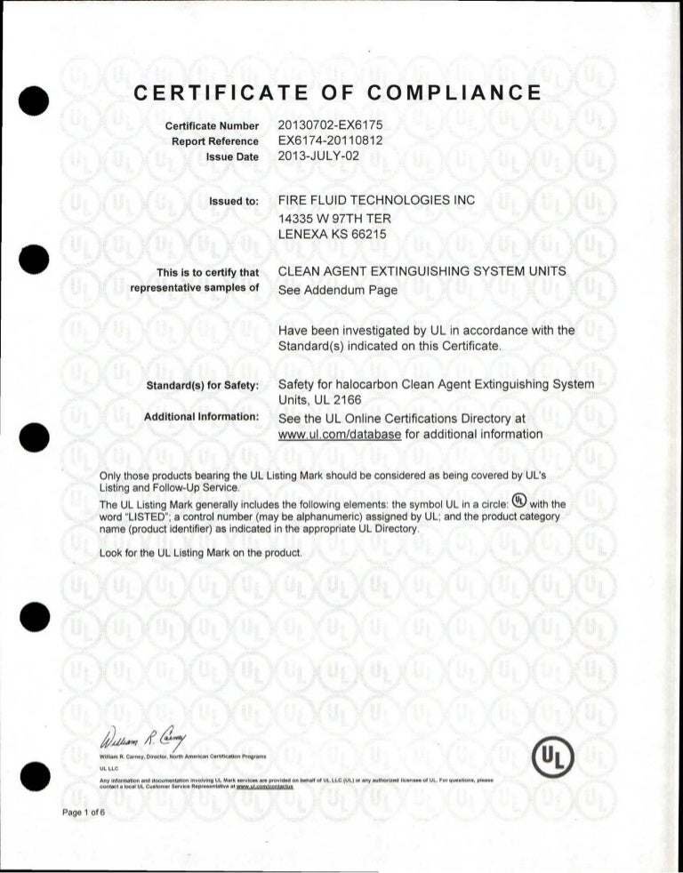UL Certificate of Compliance (FFT) for Listed Systems