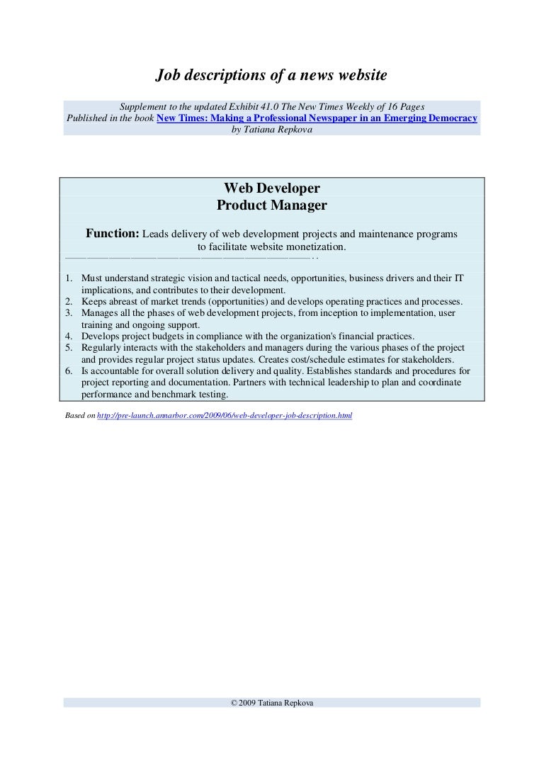 Sample job description Web Developer / Product Manager