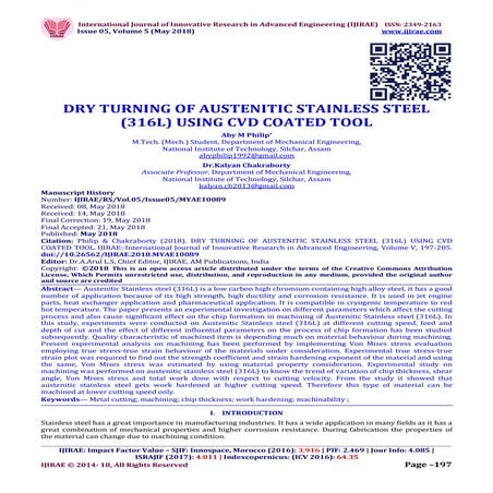 DRY TURNING OF AUSTENITIC STAINLESS STEEL (316L) USING CVD COATED TOOL