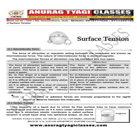 PHYSICS FREE NOTES: Surface Tension (Theory).BY ATC