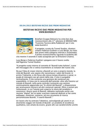 9/4/2013 News Room from Italy /// Bistefani riceve 2 premi mediastars per Buondì