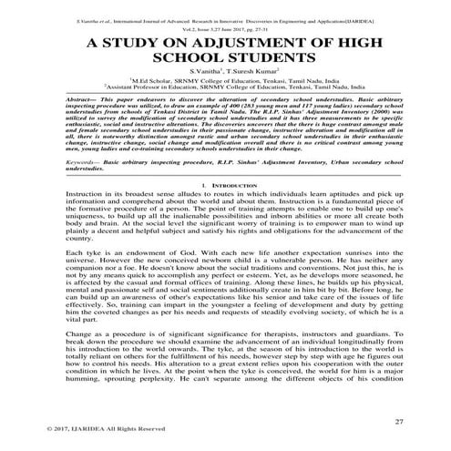 A STUDY ON ADJUSTMENT OF HIGH SCHOOL STUDENTS | PDF