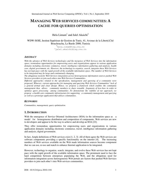 MANAGING WEB SERVICES COMMUNITIES: A CACHE FOR QUERIES OPTIMISATION