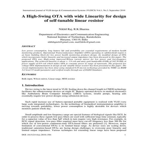 A High-Swing OTA with wide Linearity for design of self-tunable linear resistor