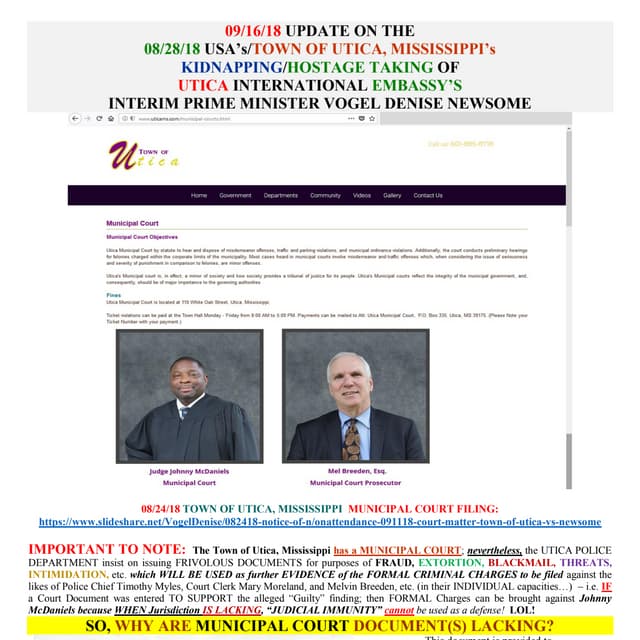 09/16/18 UPDATE ON USA-TOWN OF UTICA, MS KIDNAPPING-HOSTAGE TAKING OF UIE INTERIM PRIME MINISTER VOGEL DENISE NEWSOME