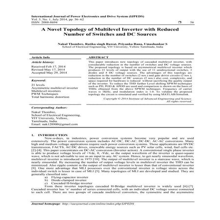 A Novel Topology of Multilevel Inverter with Reduced Number of Switches and D...