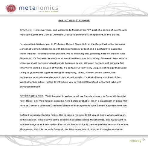 092007 IBM In The Metaverse Metanomics Transcript