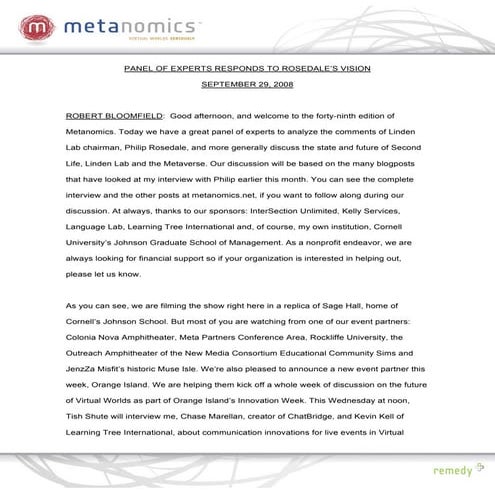 092908 Rosedales Vision Metanomics Transcript