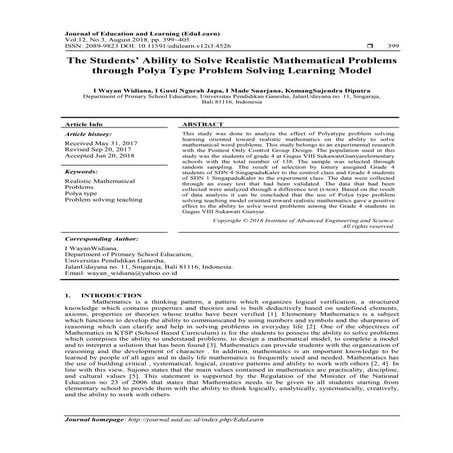 The Students’ Ability to Solve Realistic Mathematical Problems through Polya ...