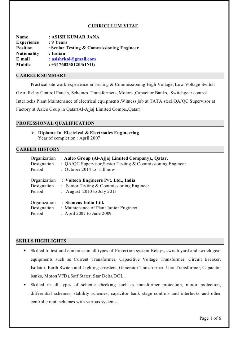 asish cv electrical engineer testing and commissioning resume electrical engineering