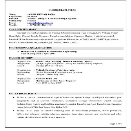 Asish CV (electrical engineer testing and commissioning and maintenance 9 years)