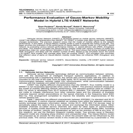 Performance Evaluation of Gauss-Markov Mobility Model in Hybrid LTE-VANET Net...
