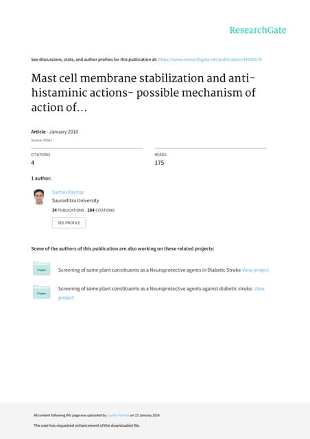 Mast cell membrane stabilization and anti-histaminic actions possible mechanism of action of anti-inflammatory action of Murraya koenigii