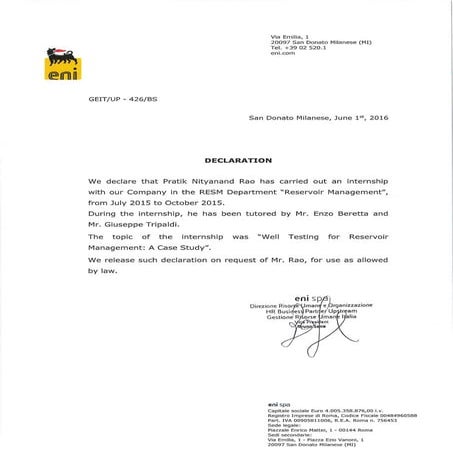 Pratik Rao - ENI Internship Certificate
