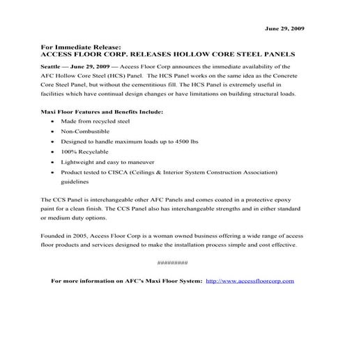 6-29-09 Hollow Core Press Release