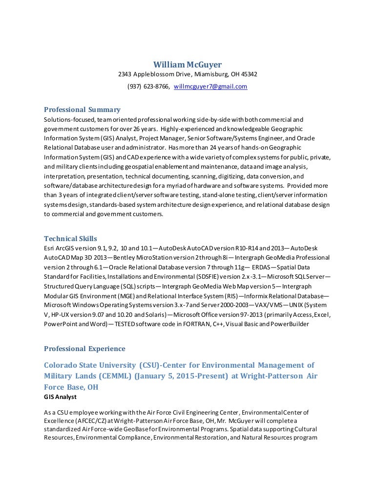 William McGuyer GIS Analyst Resume 2015 Newest