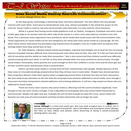 09 '19 TJ Writes: Does Social Media Destroy Real-Life Communication + My 3-Year Experience At SMK Tabuan Jaya + My Durian Holiday + Think Before You Speak + Ways To Reduce Air Pollution
