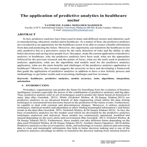 The Application of Predictive Analytics in Healthcare Sector