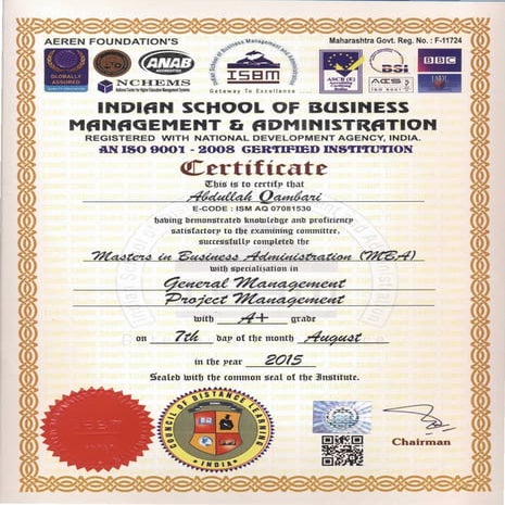 MBA Degree Certificate