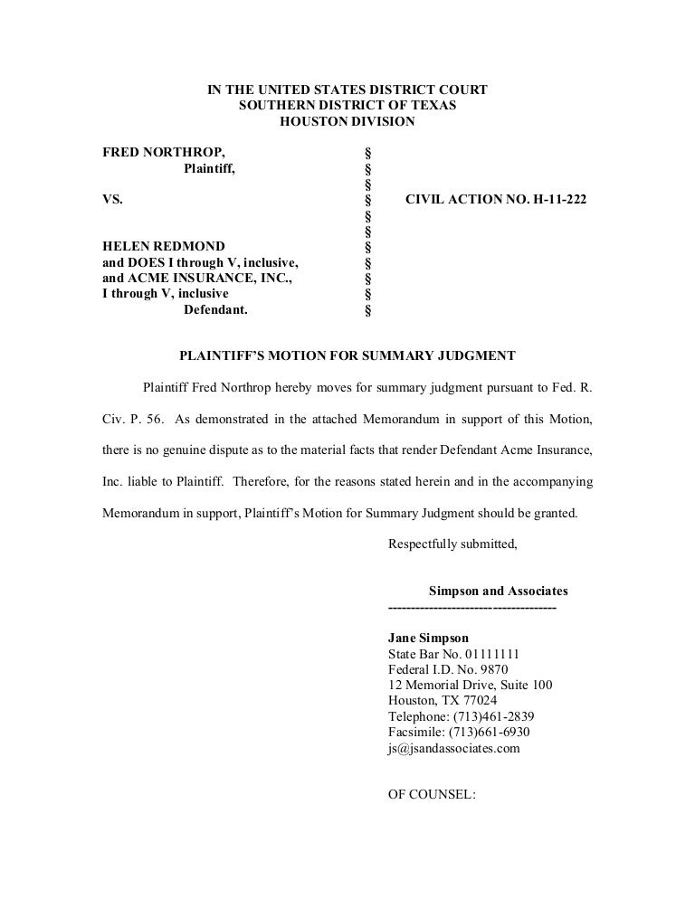 Motion For Summary Judgment Texas Sample slidesharetrick