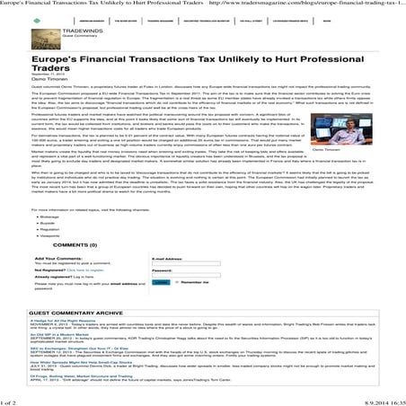 Europe's Financial Transactions Tax Unlikely to Hurt Professional Traders