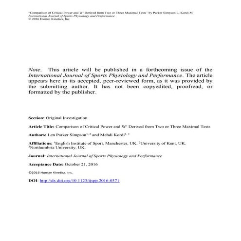 Parker Simpson & Kordi - 2016 - Comparison of Critical Power and wprime deriv...
