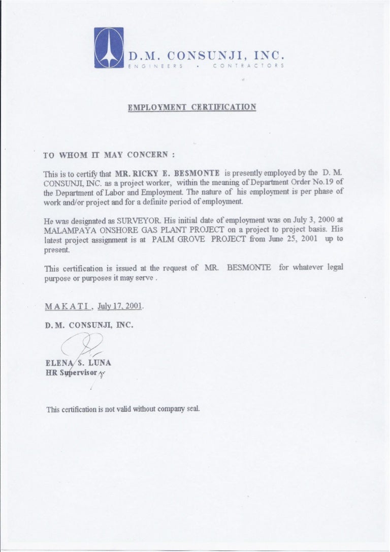 certification letter for travel employment certification dmci certification letter for travel employment certification dmci