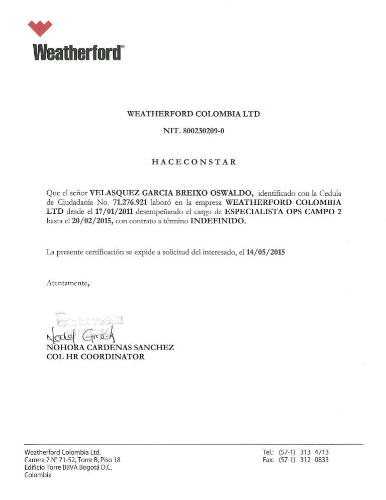 Certificación Laboral WEATHERFORD