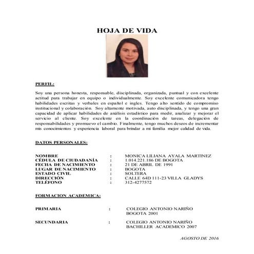 HOJA DE VIDA MONICA A 2016