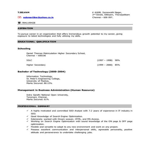 Selvam - Resume