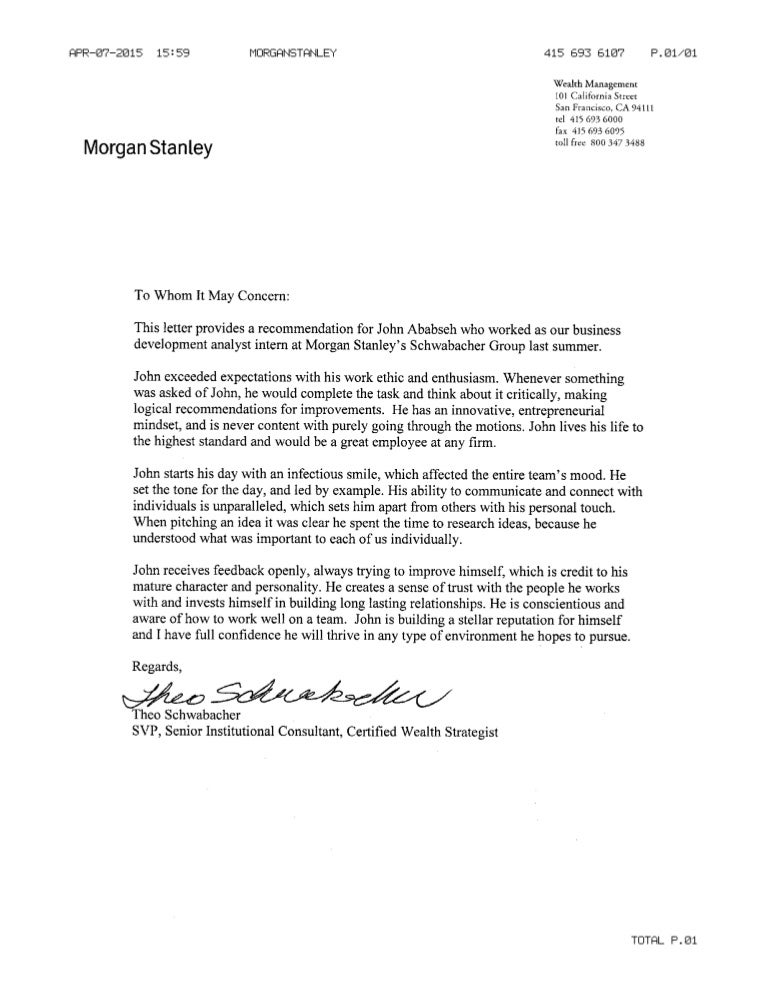 morgan stanley letter of rec does morgan stanley want cover letters