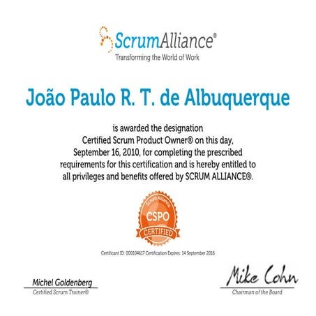 João Paulo R. T. de Albuquerque-ScrumAlliance_CSPO_Certificate | PDF